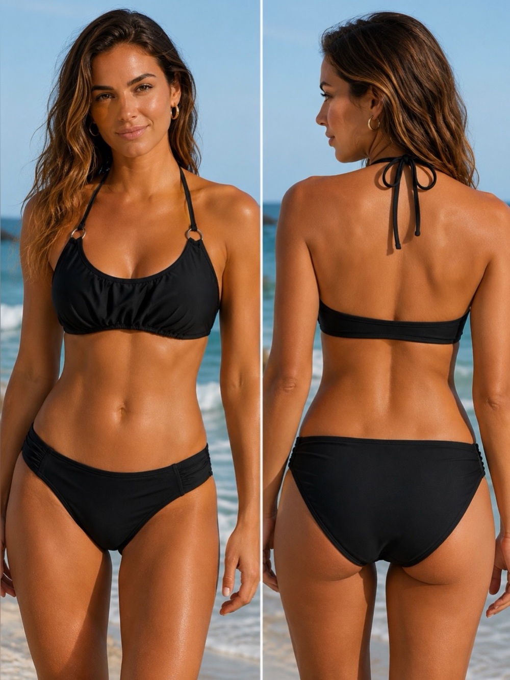 SUN DAZED Women’s Black Halter Style Silver Ring Accent Bikini Set